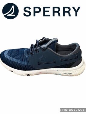 Sperry Men's Navy Mesh Boat Shoe with White Speckled Sole